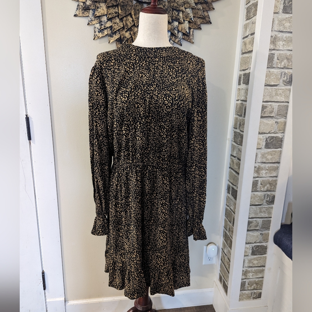 NWT Popsugar Leopard Print Flower Market Prairie Peasant Dress Size Large